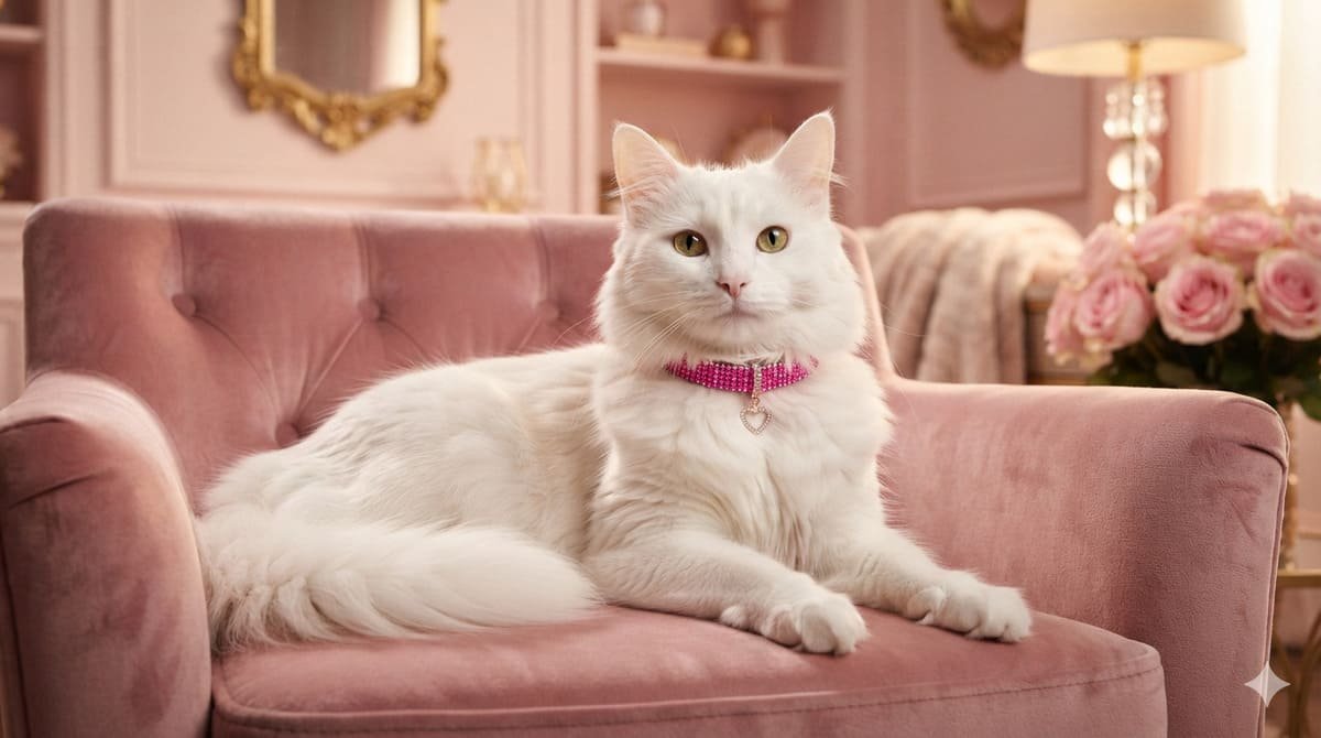 Cat wearing a sparkly pink collar lounging on a pink velvet chair - barbiecore pet names