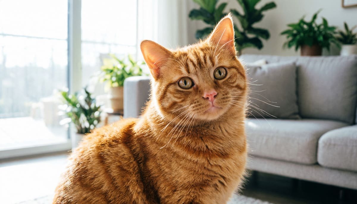 Tabby cat turning its head toward the camera in response to hearing its name in a sunlit living room - how long does it take a pet to learn its name