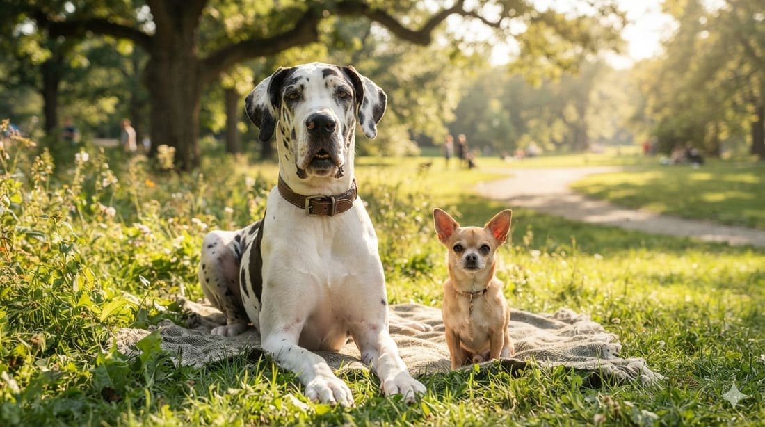 Small Chihuahua and large Great Dane sitting side by side in a park, representing a guide to small dog versus big dog names