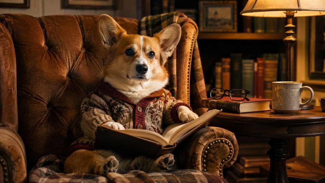 Corgi wearing a knit cardigan sitting in a vintage armchair, representing the grandparentcore pet naming trend