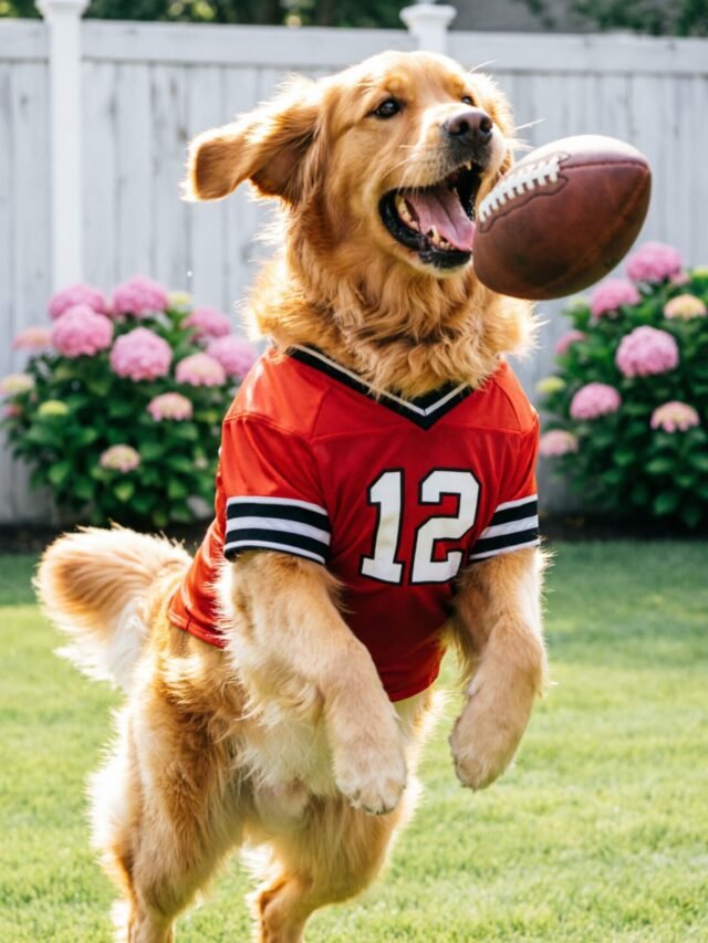 Golden retriever wearing a football jersey leaping to catch a ball