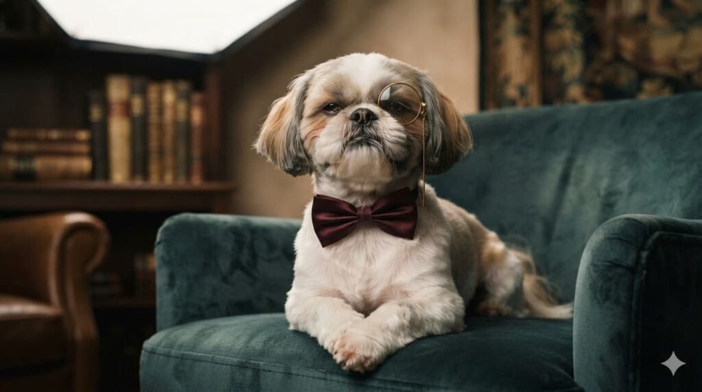 Small dog wearing a bowtie and tiny monocle with a smug expression, representing funny and punny pet names