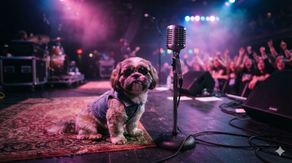 Small dog wearing sunglasses sitting beside a vintage microphone under colorful stage lights, representing celebrity and music icon pet names