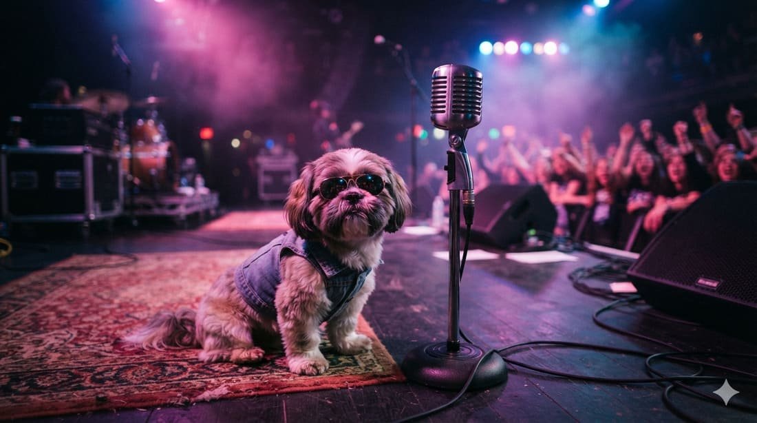 Small dog wearing sunglasses sitting beside a vintage microphone under colorful stage lights, representing celebrity and music icon pet names