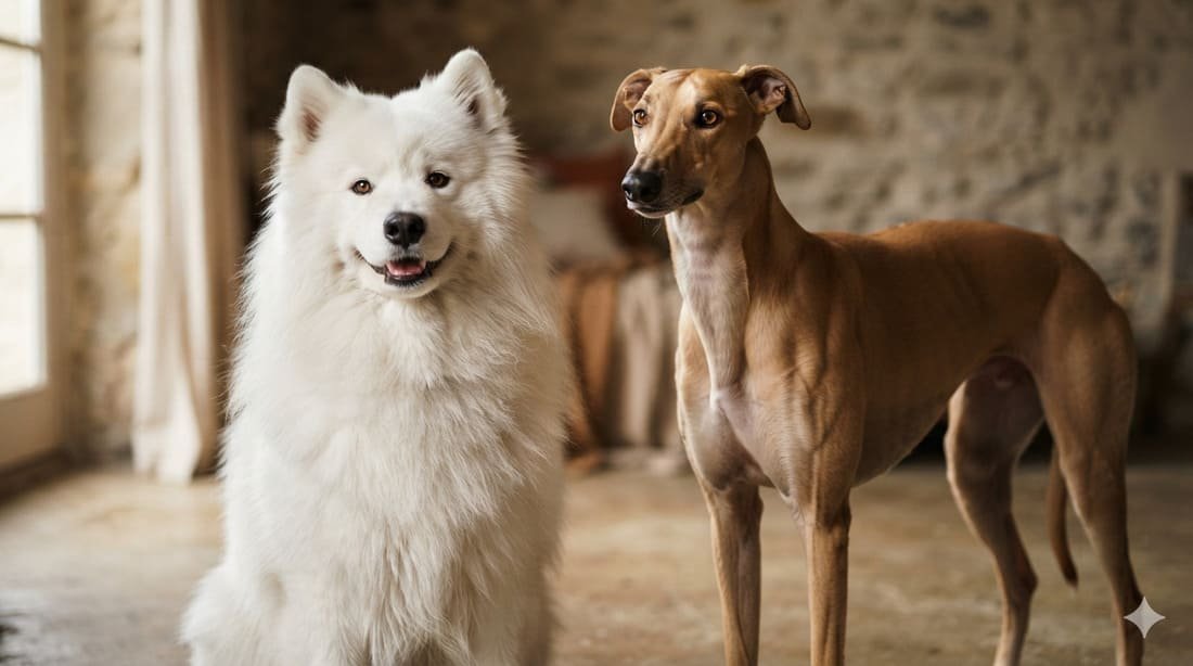 A fluffy Samoyed dog and a sleek short-haired greyhound sitting side by side, illustrating fluffy pet names versus sleek pet names