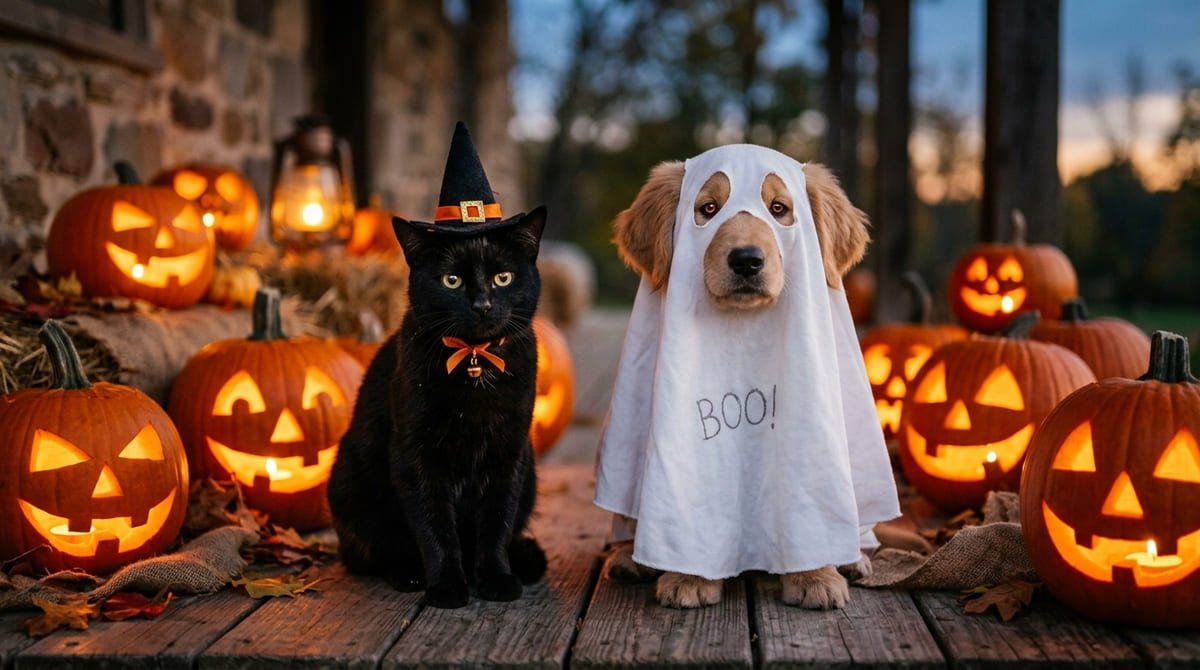 Black cat and dog dressed in Halloween costumes surrounded by carved pumpkins - halloween pet names