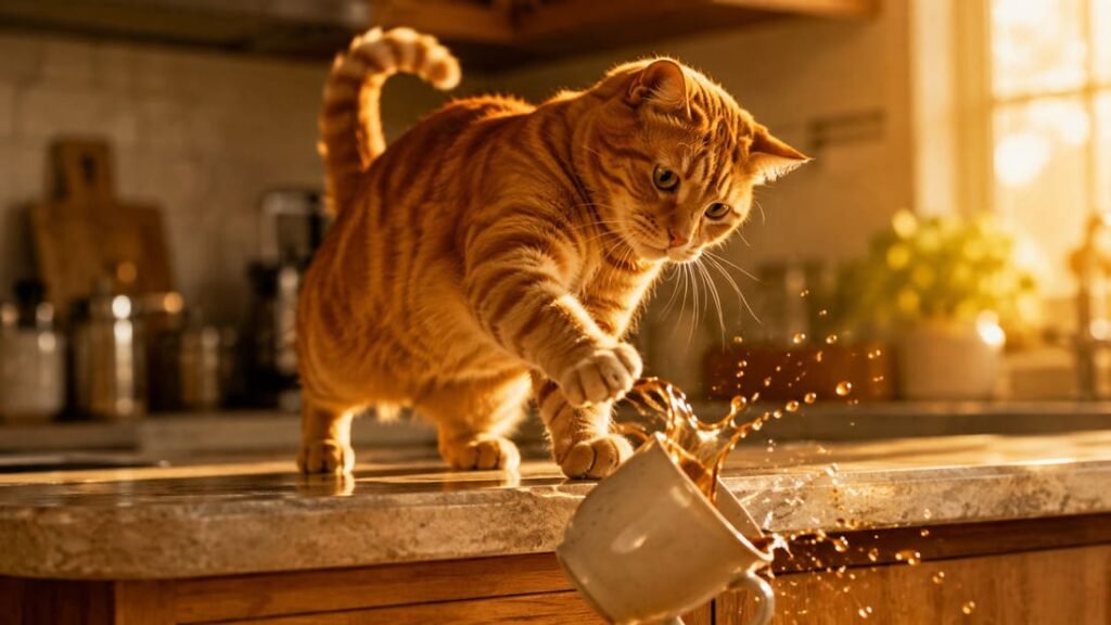Orange tabby cat mid-chaos, knocking a cup off a kitchen counter, illustrating orange cat names for chaotic pets