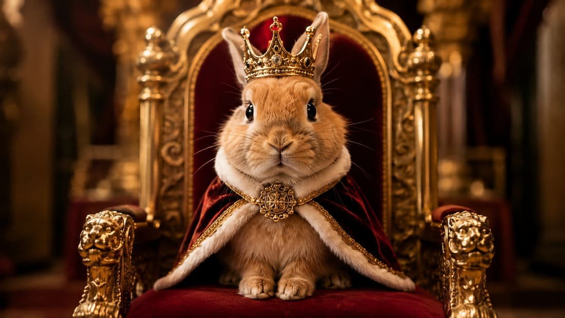 Small rabbit wearing a tiny crown and cape sitting on a miniature throne, representing wacky and over-the-top pet names