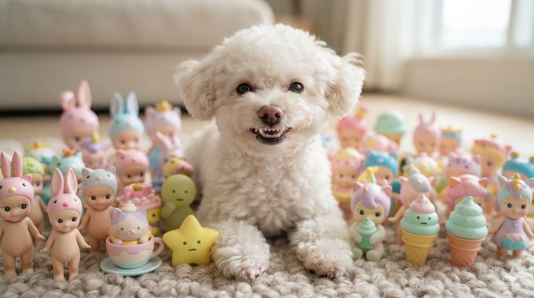 Small fluffy dog with a mischievous toothy grin surrounded by colorful pastel collectible blind-box toys, representing the Labubu and collectible toy pet naming trend