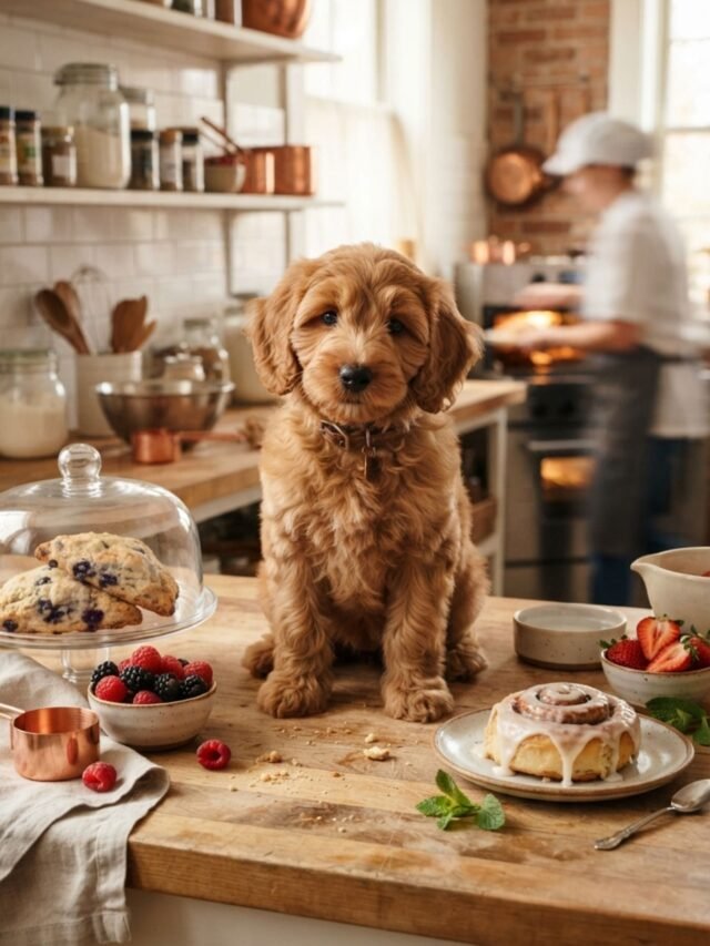 Caramel-colored puppy sitting on a kitchen counter surrounded by pastries