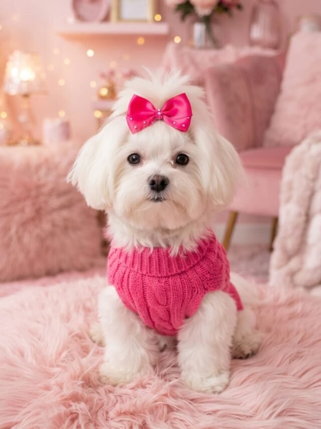 Small fluffy white dog wearing a hot pink bow and sweater on a pink rug