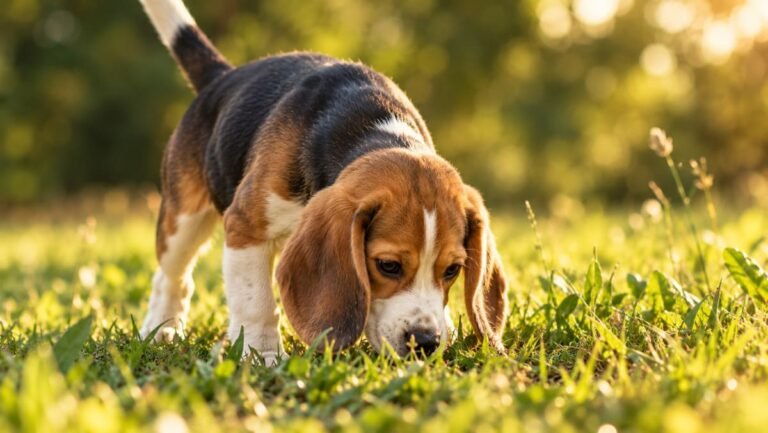 A tri-color Beagle puppy sniffing the ground in a grassy field, illustrating a guide to Beagle names