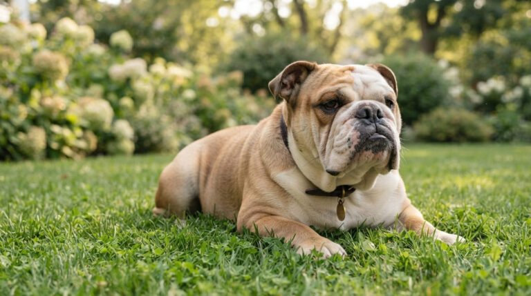 A wrinkly English Bulldog lounging confidently on a lawn, illustrating a guide to Bulldog names