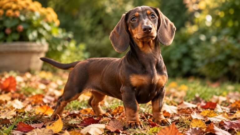 A long-bodied Dachshund puppy standing confidently in a garden, illustrating a guide to Dachshund names