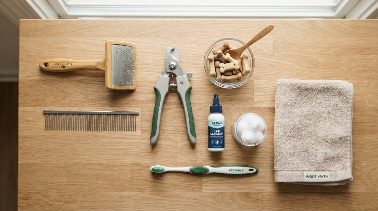 Flat lay of dog grooming essentials including brush, comb, nail clippers, ear cleaner and toothbrush