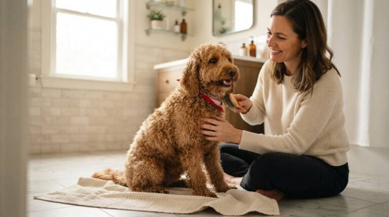 Owner gently brushing a happy dog on a bathroom towel as part of a dog grooming routine at home