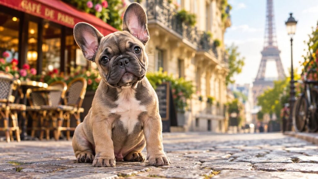 A French Bulldog puppy with large bat ears sitting on a Parisian-style cobblestone street, illustrating a guide to French Bulldog names