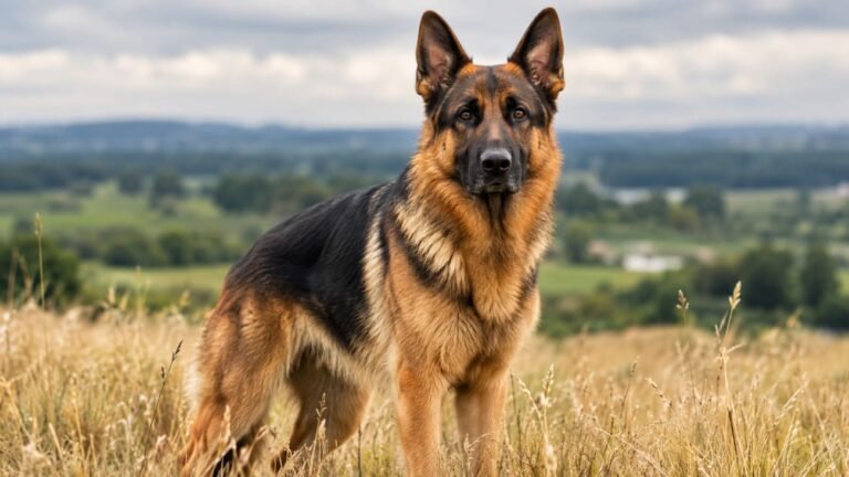 An alert German Shepherd standing in a field, illustrating a guide to German Shepherd names