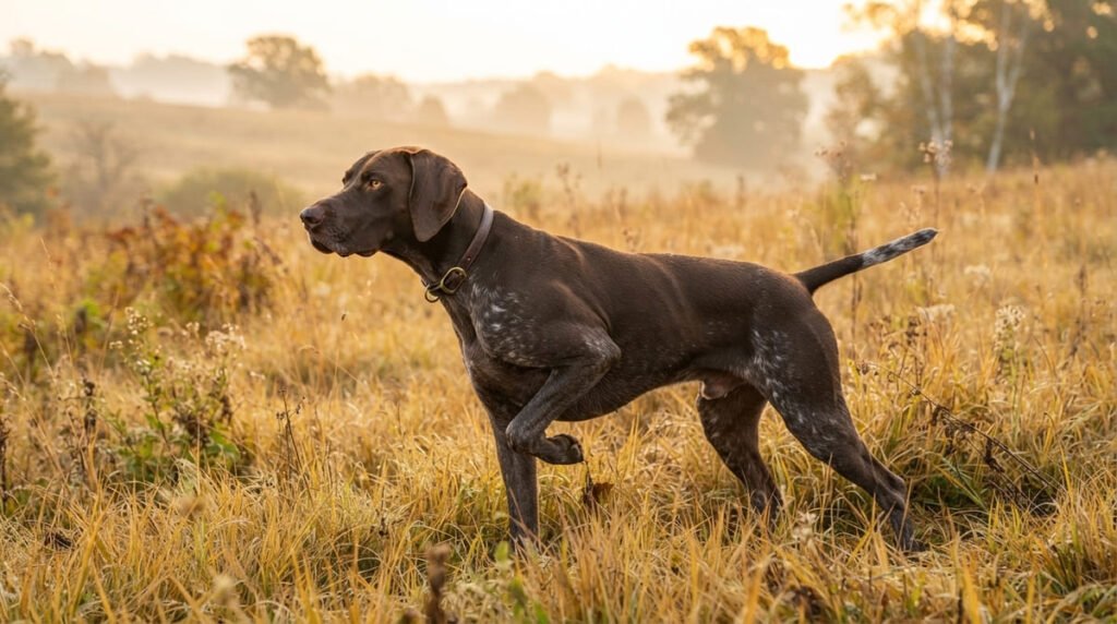 A liver-colored German Shorthaired Pointer standing in a classic pointing stance in a field, illustrating a guide to German Shorthaired Pointer names