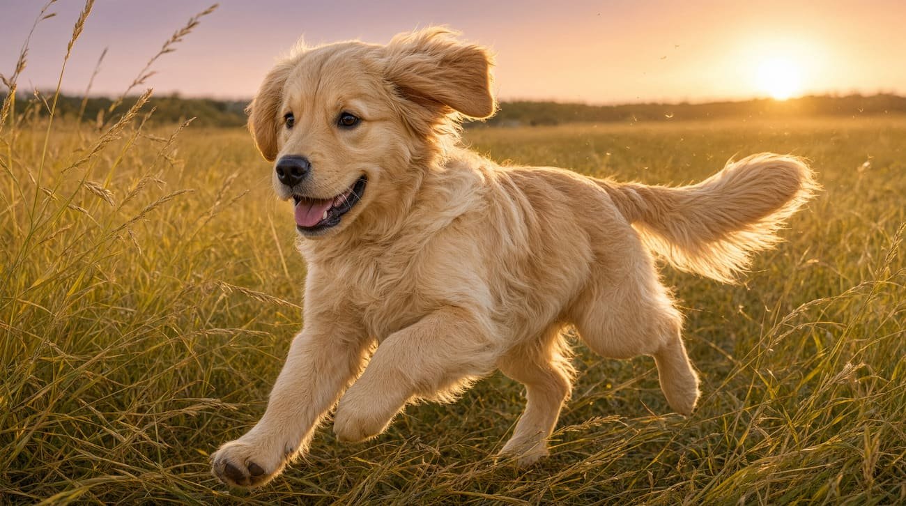 A happy golden retriever puppy running through tall grass in golden-hour sunlight, illustrating a guide to Golden Retriever names