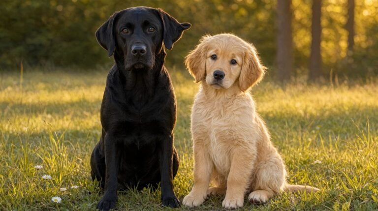 A golden retriever puppy and an adult Labrador sitting together outdoors, illustrating a guide to choosing the perfect dog name