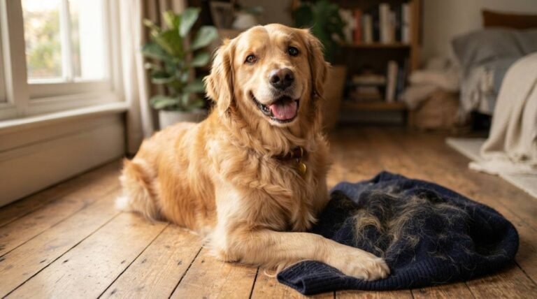 Golden retriever sitting next to a dark sweater covered in dog hair, showing how to remove dog hair from clothes