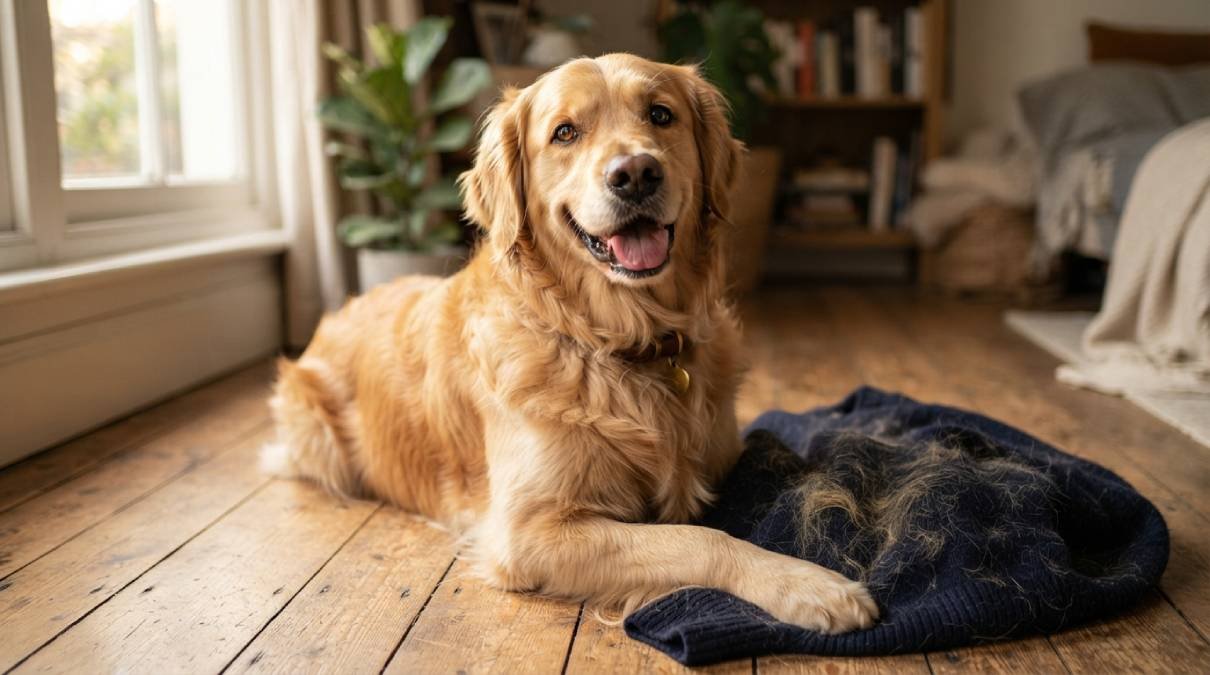 Golden retriever sitting next to a dark sweater covered in dog hair, showing how to remove dog hair from clothes