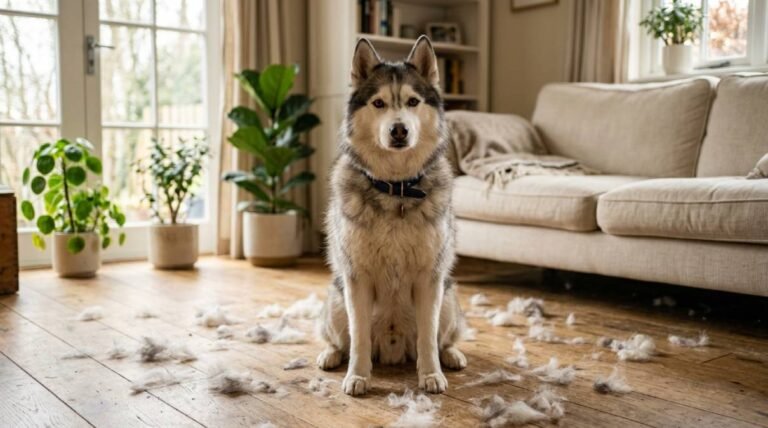 Fluffy husky surrounded by loose fur on a living room floor, showing why owners want to stop dog shedding