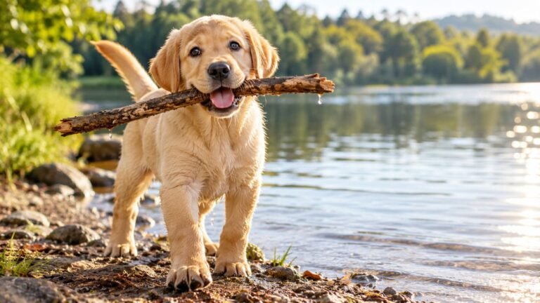 A yellow Labrador Retriever puppy carrying a stick by a lake shore, illustrating a guide to Labrador Retriever names