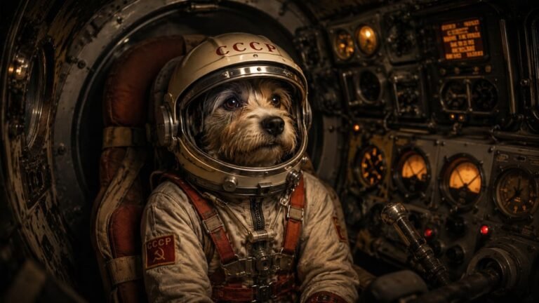 An artistic reimagining of Laika inside her capsule. In reality, she wore a fitted harness with implanted sensors, not a cosmonaut helmet — no such helmet was ever part of her actual mission gear.