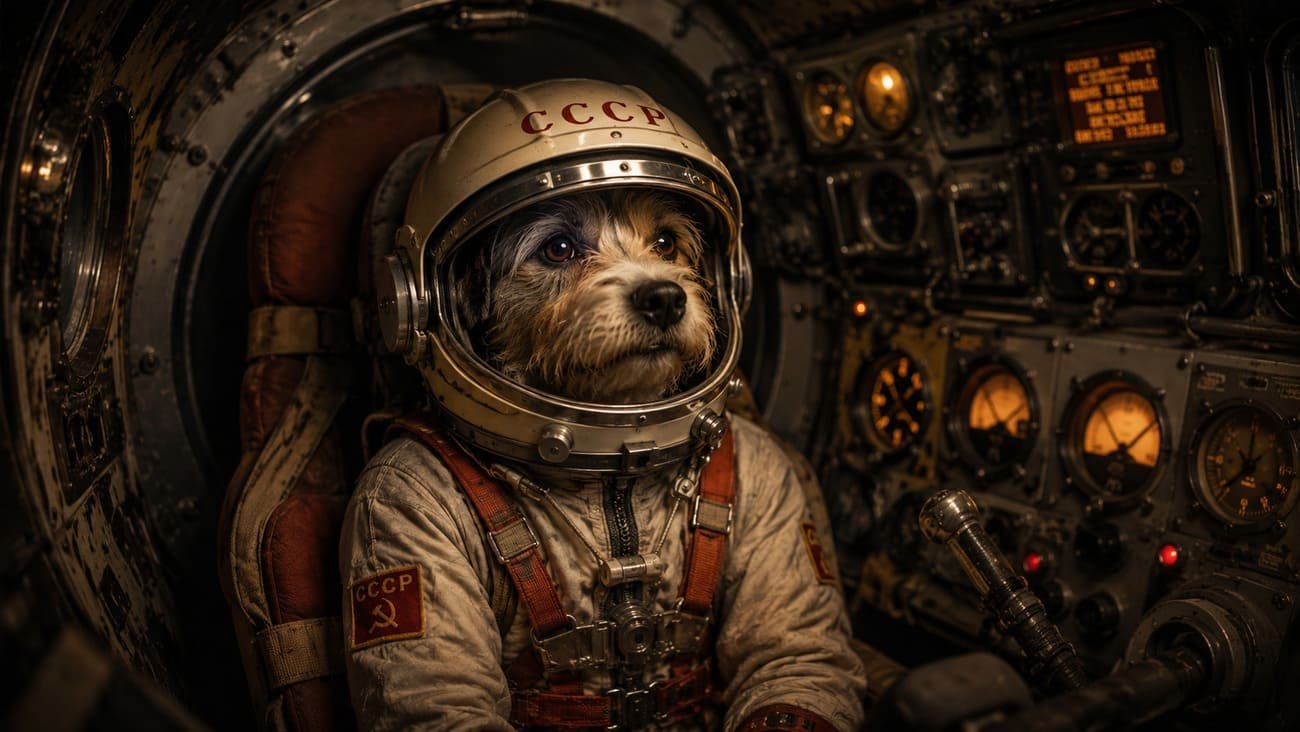 Illustration of Laika the space dog wearing a Soviet cosmonaut helmet inside the Sputnik 2 capsule