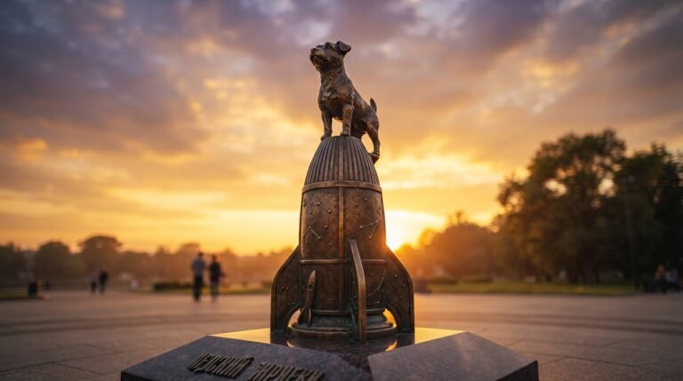Inspired by the real 2008 monument near Moscow honoring Laika, the first animal to orbit Earth.