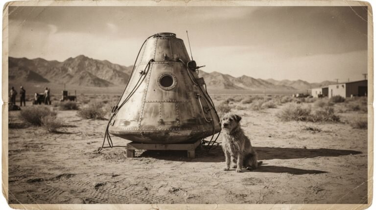 A vintage-style artistic recreation. No verified photograph of Laika beside the actual capsule survives today.