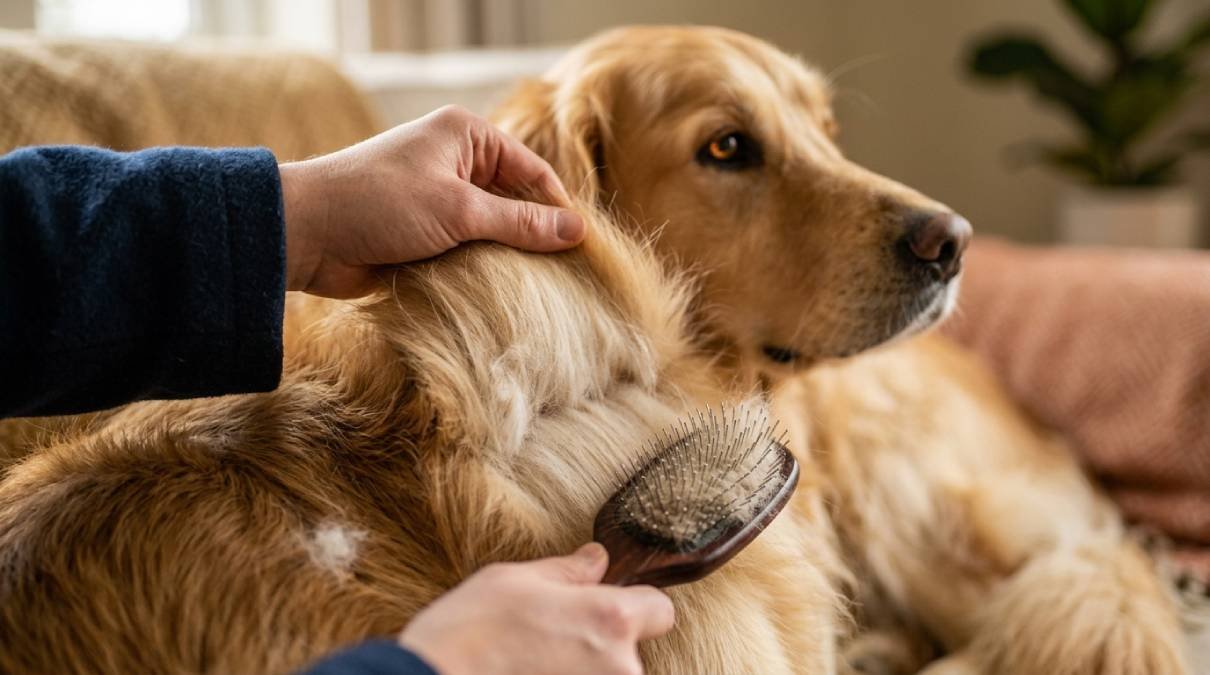 Owner line brushing a golden retriever's undercoat to reduce dog shedding