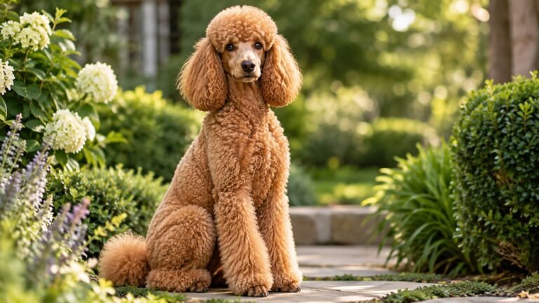An elegant curly-coated Poodle sitting gracefully outdoors, illustrating a guide to Poodle names
