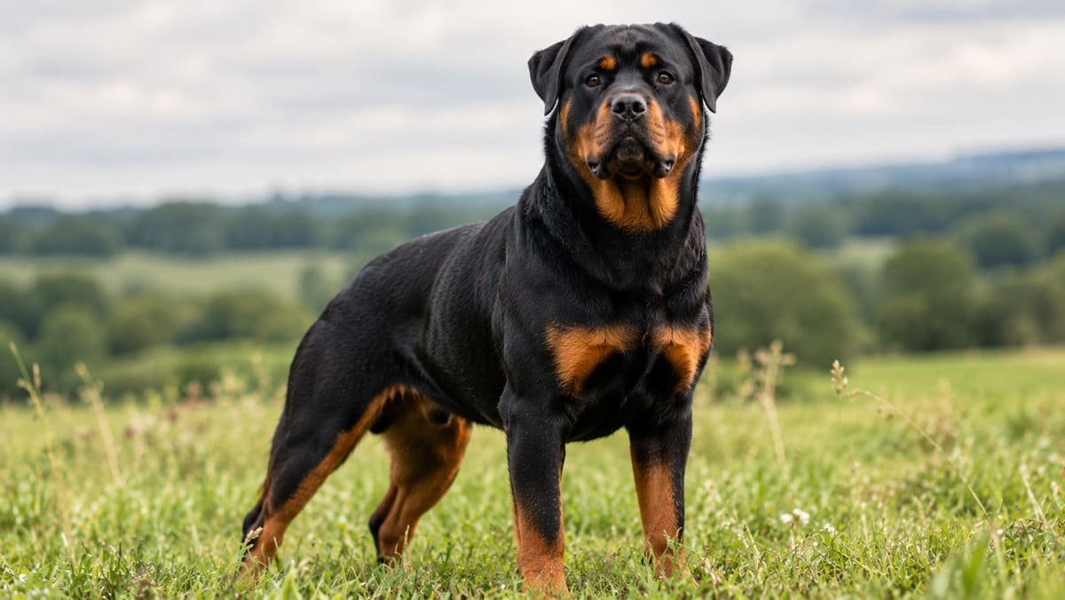 A confident Rottweiler standing alert outdoors, illustrating a guide to Rottweiler names