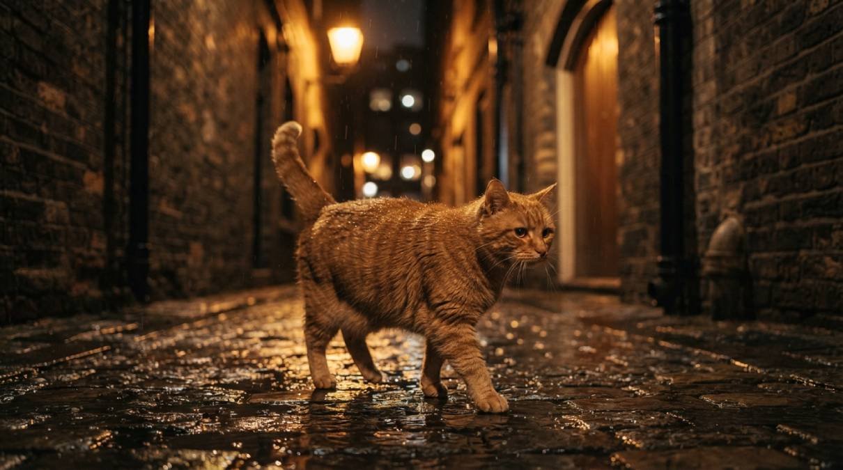 Orange tabby cat walking down a rainy British alley at night under warm streetlamp light, inspired by Alley Cats names