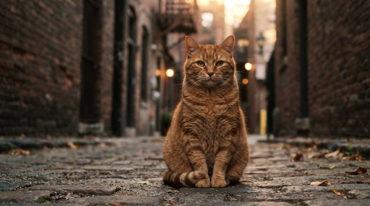 Chunky orange tabby cat sitting confidently in a brick alley at dusk, inspired by Alley Cats names like Gus