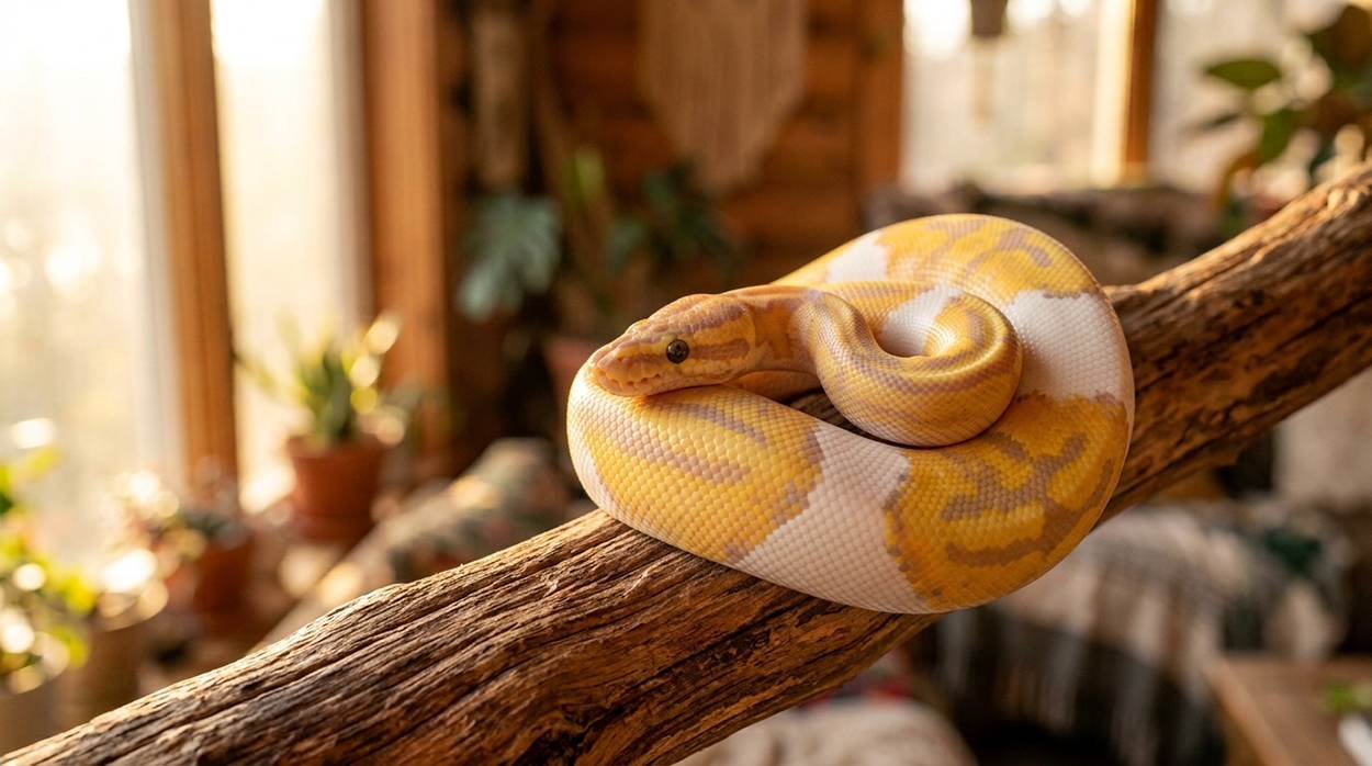 Yellow and white banana ball python coiled on a branch, a perfect candidate for snake names like Mango or Butter