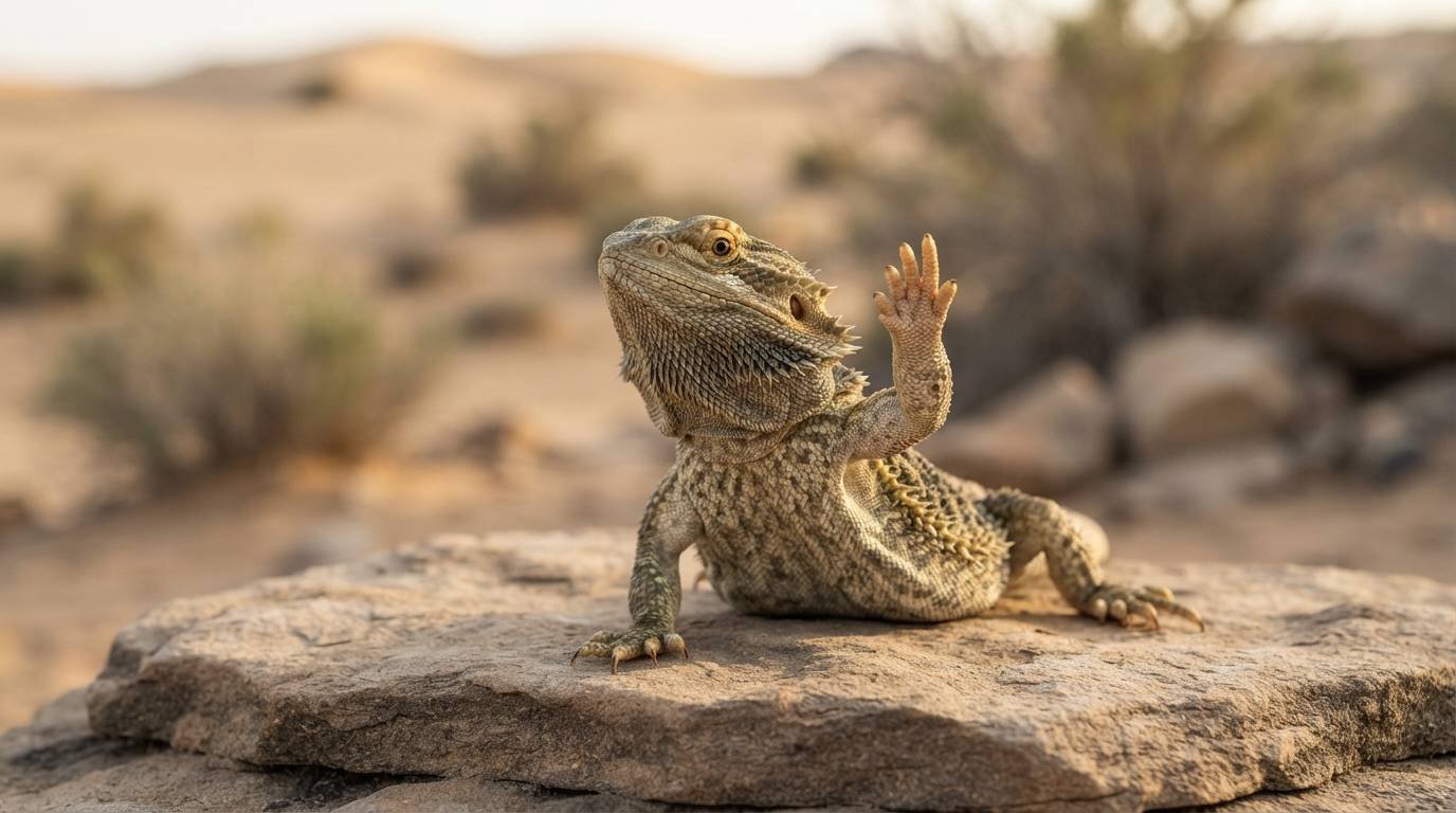 Bearded dragon waving an arm, a behavior that inspires bearded dragon names like Waverly