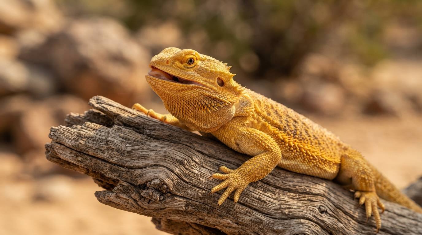 Citrus bearded dragon basking on a log, inspiration for bearded dragon names