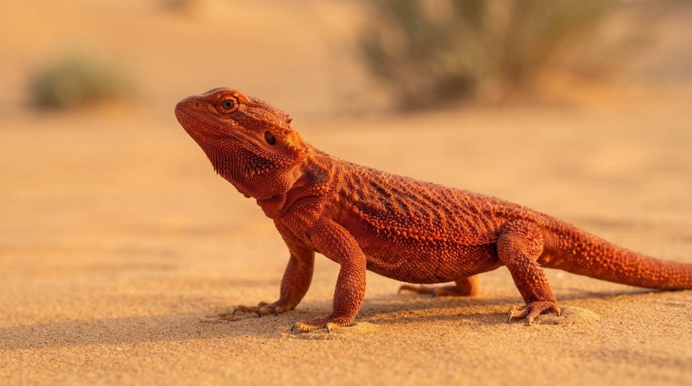 Red bearded dragon on desert sand, a match for color-inspired bearded dragon names like Paprika and Ruby