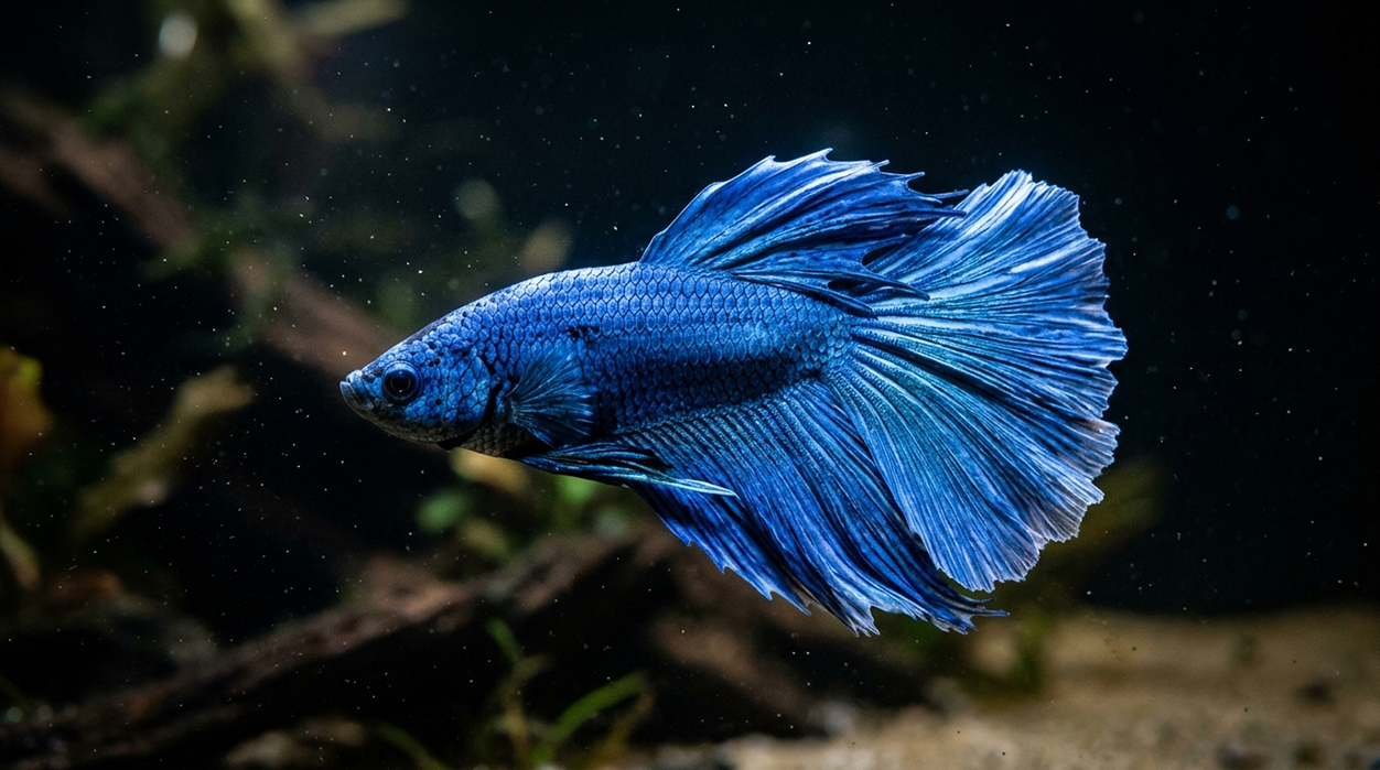 Blue betta fish with long flowing fins against a dark background, perfect for betta fish names like Neptune or Sapphire