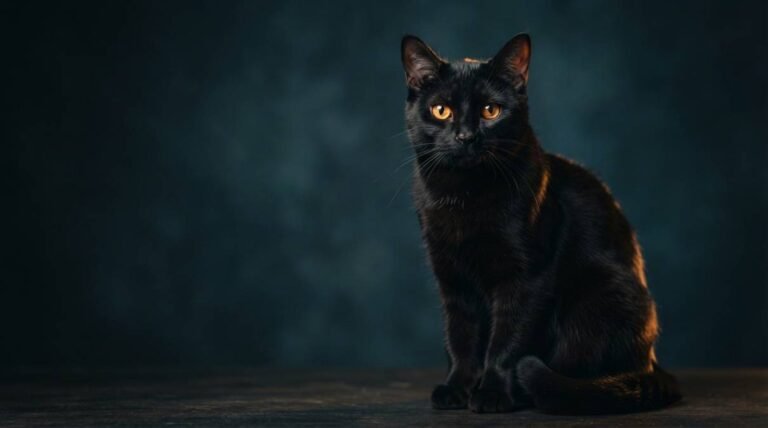 Sleek black cat with glowing amber eyes sitting in soft light, a perfect model for black cat names