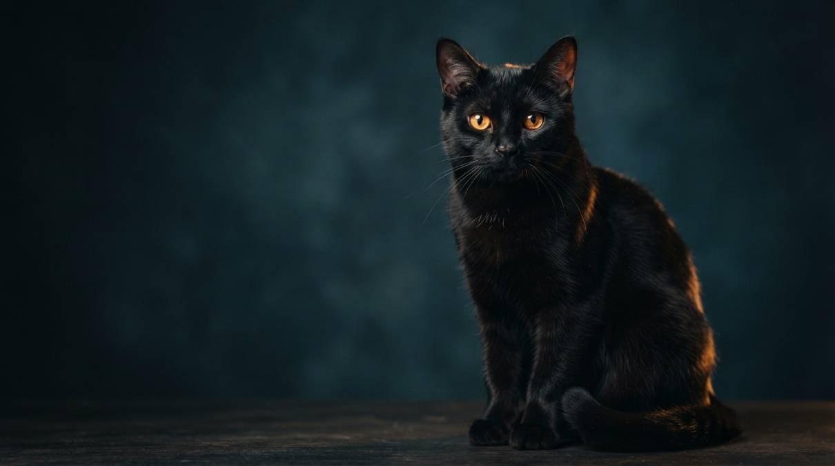 Sleek black cat with glowing amber eyes sitting in soft light, a perfect model for black cat names
