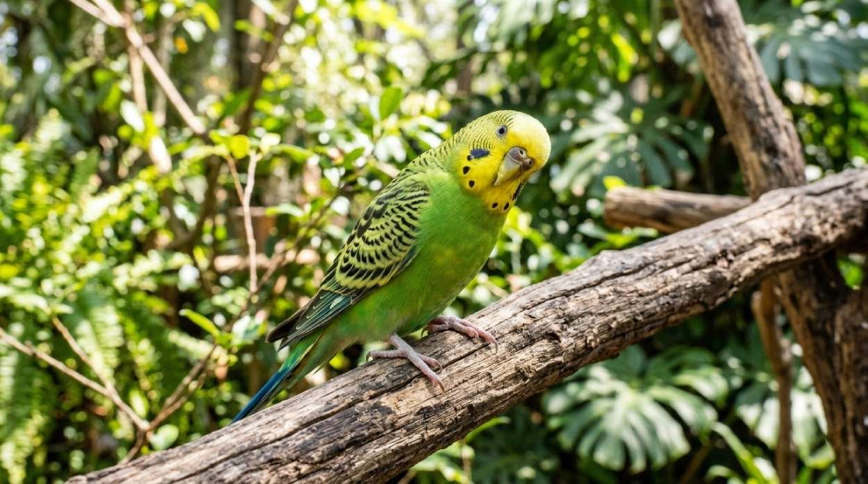 Green parakeet with a curious expression on a wooden perch, ideal for budgie names like Lime or Kiwi