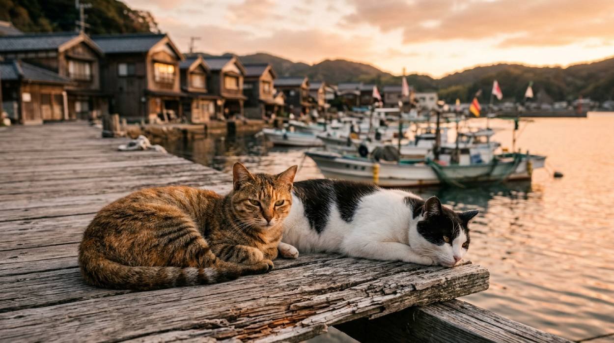 Two cats resting on a harbor pier in a quiet Japanese fishing village at sunset