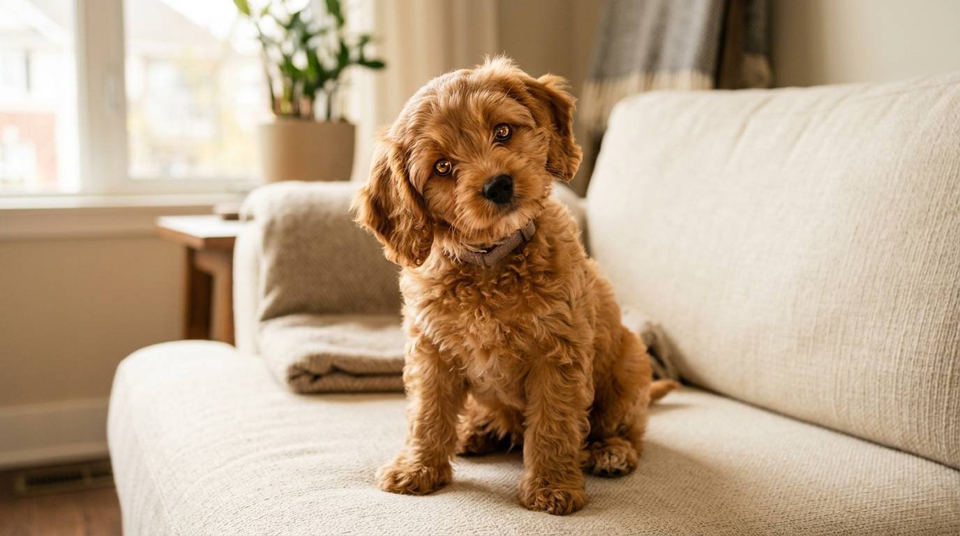 Apricot Cavapoo puppy sitting on a cozy sofa, inspiration for Cavapoo names