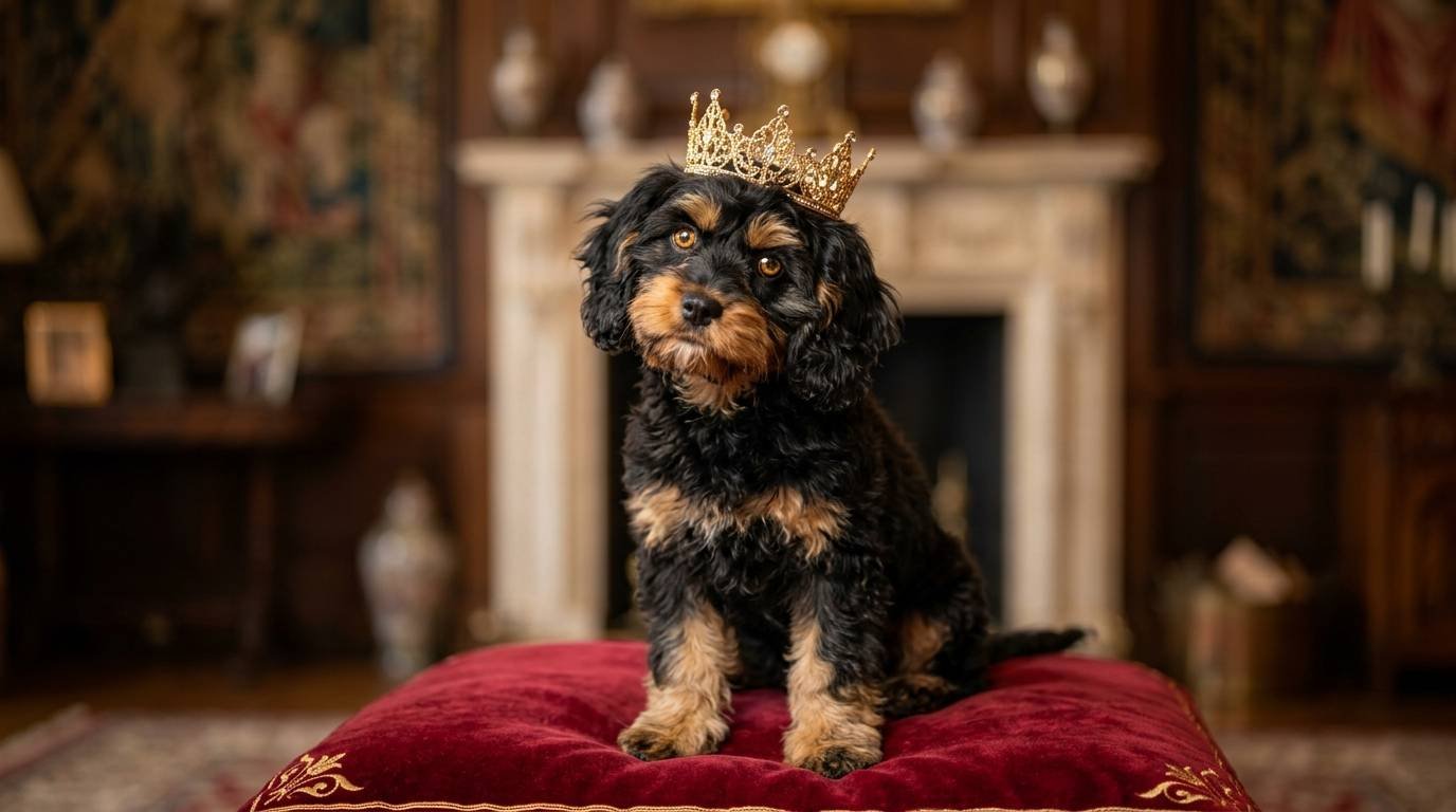 Cavapoo wearing a tiny crown on a velvet cushion, a match for royal Cavapoo names like Windsor and Duchess