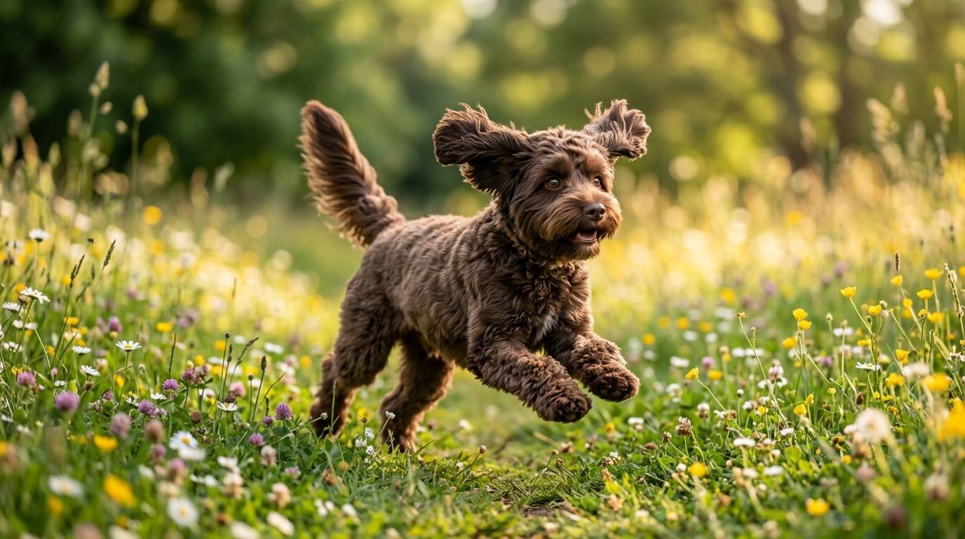 Chocolate brown Cavapoo running through a flower field, a great match for sweet Cavapoo names like Mocha and Poppy